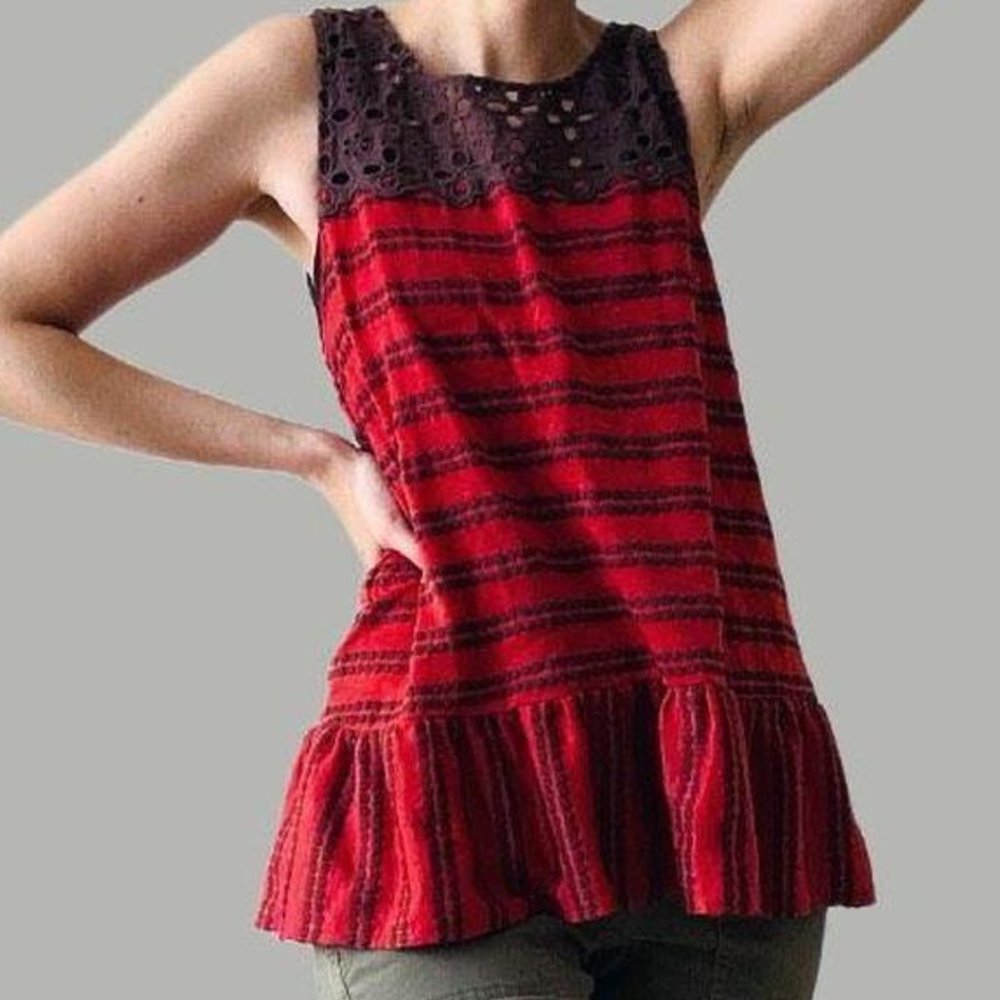 FREE PEOPLE Molly Retro Peplum Tank Top Floral Eyelet Stripe Red/Brown